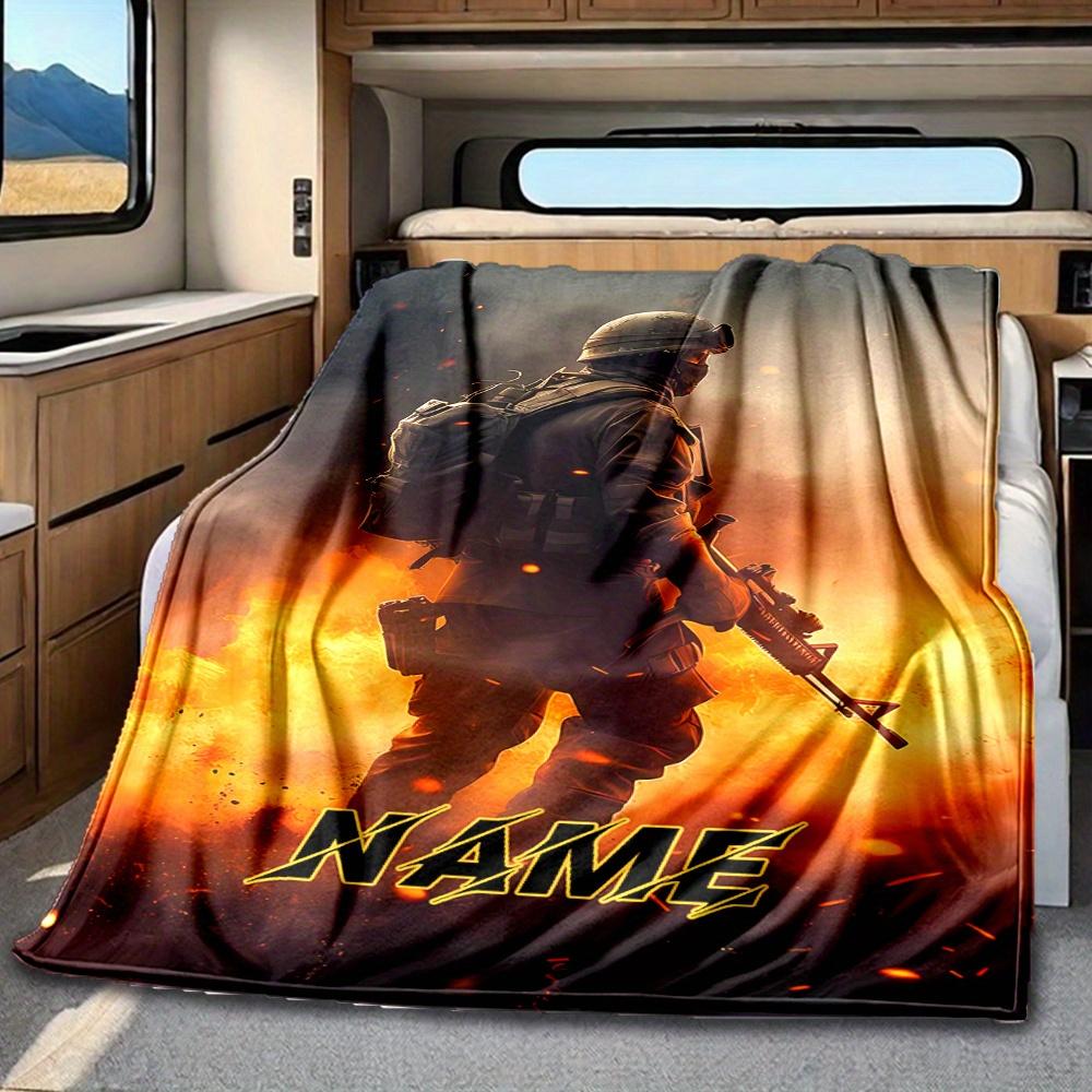 Soldier With Backpack And Gun In Flames Blanket Personalized Name Soft Comfortable Stylish Blanket Car Blanket Perfect For Travel Camping Outdoor Home