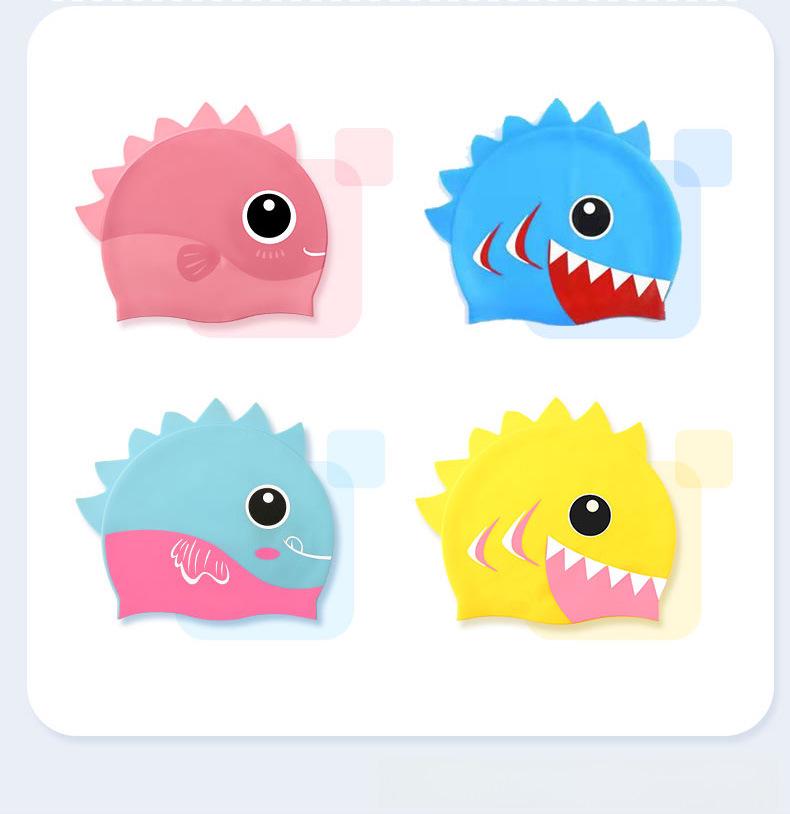 Vysoce elastické silikonové plavecké čepice pro všechny věkové kategorie - Pohodlné, netuhé s potiskem žraloka a ochranou uší pro muže, ženy a děti