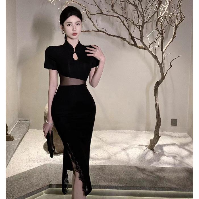 

New cheongsam new young girl high-end temperament sexy split ends hip wrap improved dress women s summer S