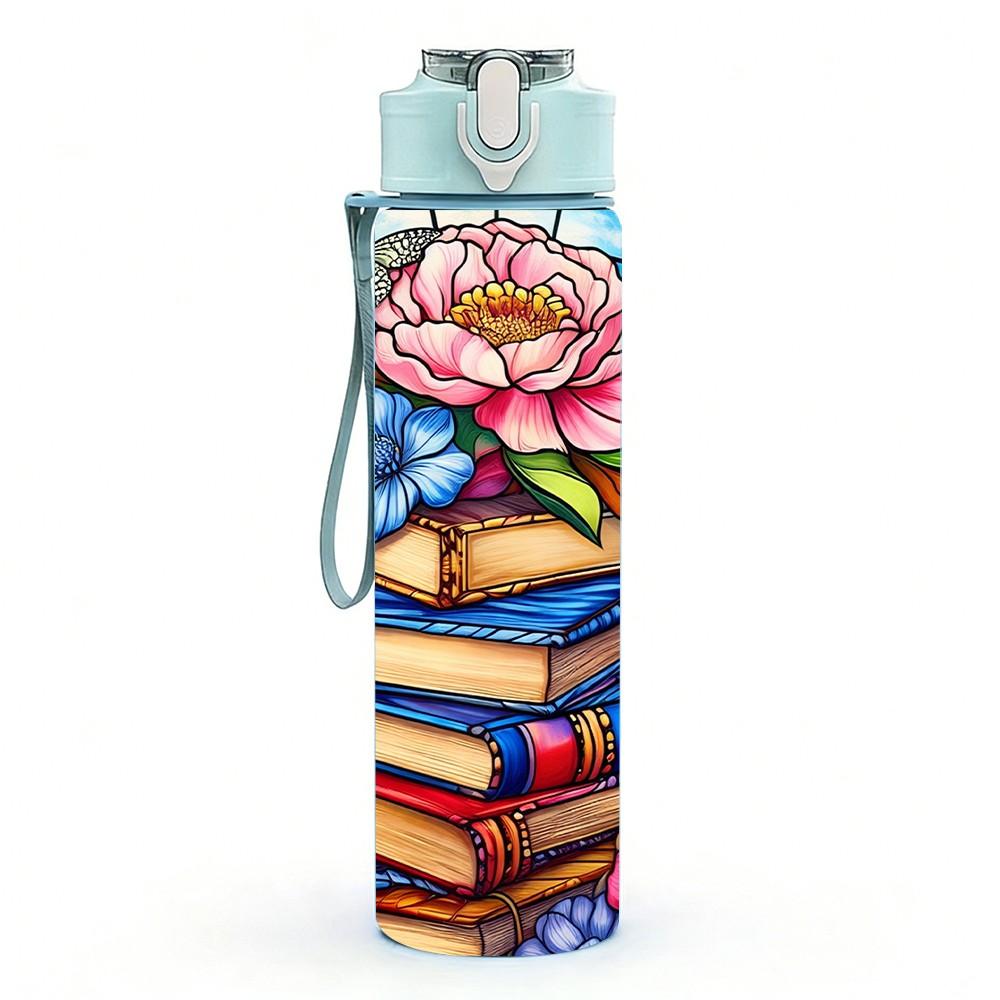1PC Colorful Book Stack Rose Flower Art 750ml Color Plastic Sports Water Bottle Leakproof Flip Straw Lid Suitable for Sports Office Home Use