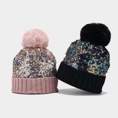 Fashion Trendy with Colorful Sequins Knitted Hat Women's Autumn and Winter Street Versatile Thickened Warm Hairball Ear Protection Cold Hat