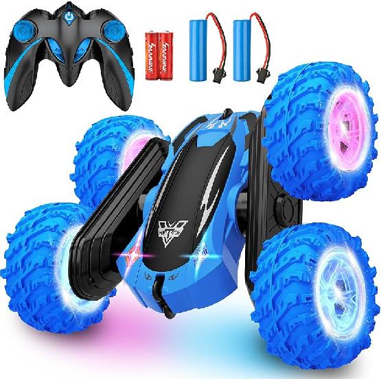 KKONES Remote Control Car, 2.4GHz Double Sided 360° Flips Rotating Electric Race RC Stunt Car, LED Wheel & Headlight High Speed Off Road Cars Toy