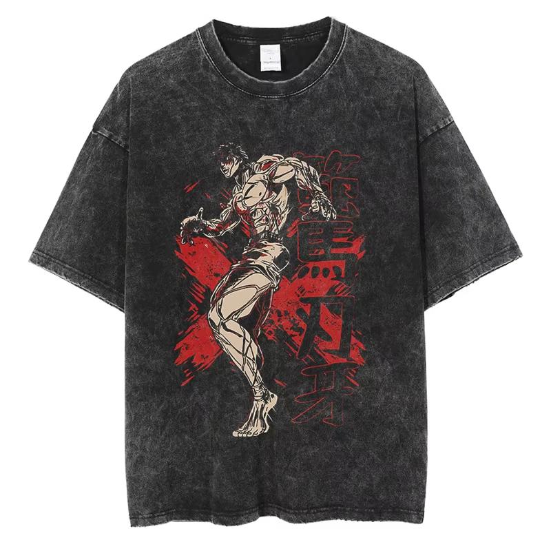 Baki Print Vintage Baumwoll-T-Shirt Herren Damen Sommer Lässig Übergroß Streetwear Fitnessstudio Workout Training Kurzarm Grafik-T-Shirt
