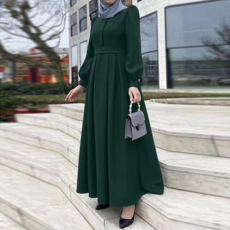New Arrival: Cross-Border Middle East Casual Loose Solid Color Zipper Muslim Long Dress with Belt