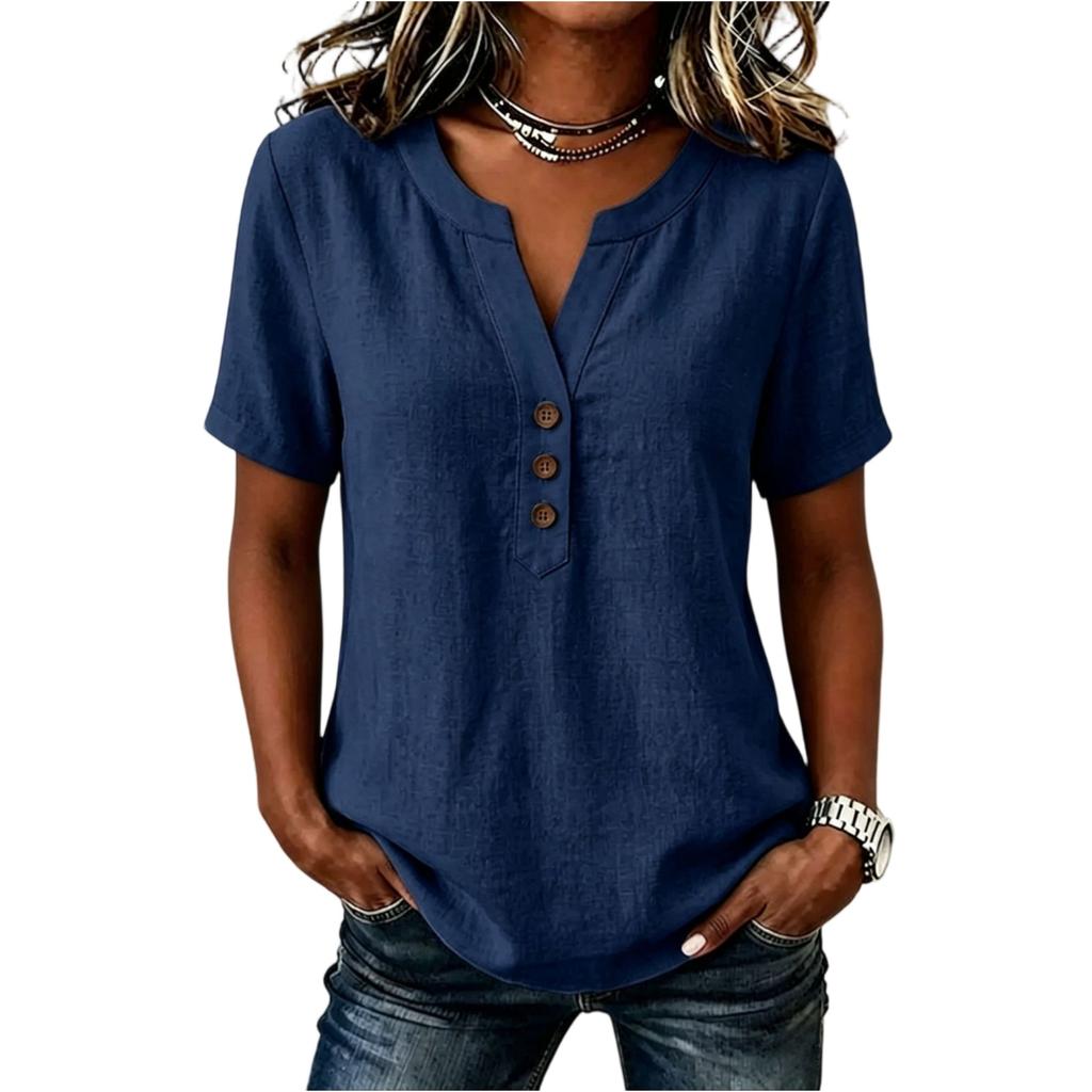 Women's Casual V-Neck Button Blouse Loose Fit Color Cotton Linen Top