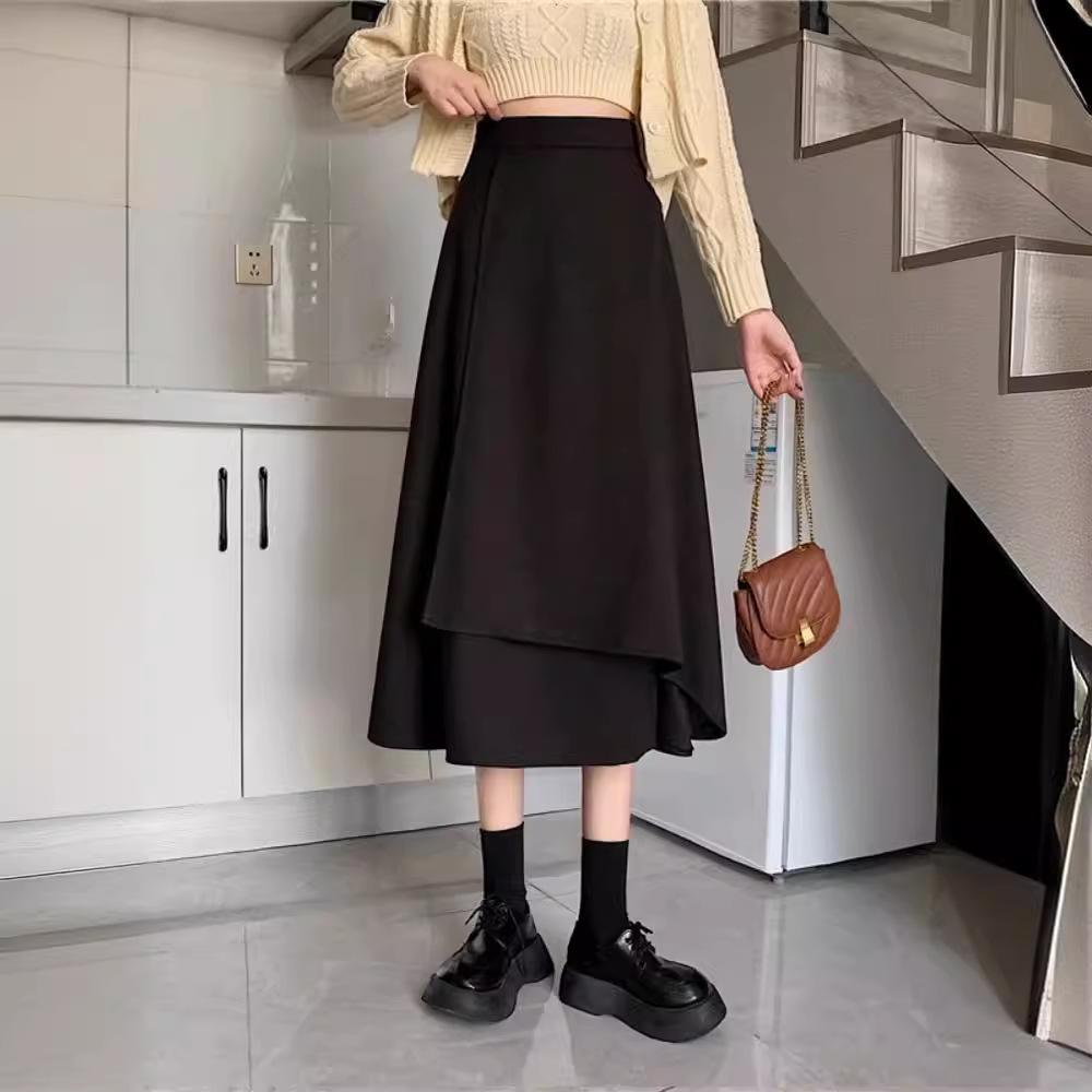 Women's Plus Size Black A-Line Midi Skirt - High Waist, Irregular Hem, Korean Style, Spring/Summer 2024 Collection