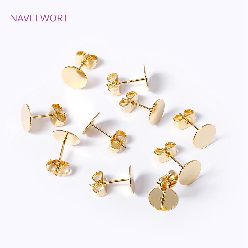 18K Gold Plated Brass Metal Blank Post Earring Studs Base Pins Ear Post with 8/10/12MM Pad DIY Earring Jewelry Making Supplies