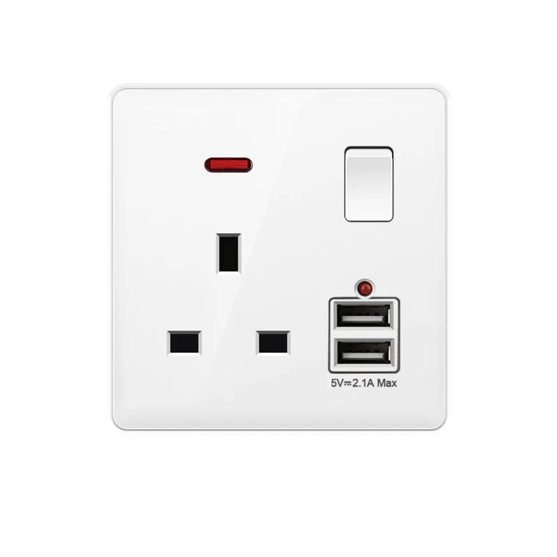 White UK Plug 13A with USB Panel UK Socket Panel, International Universal USB Mobile Phone Charging Socket, with LED Light