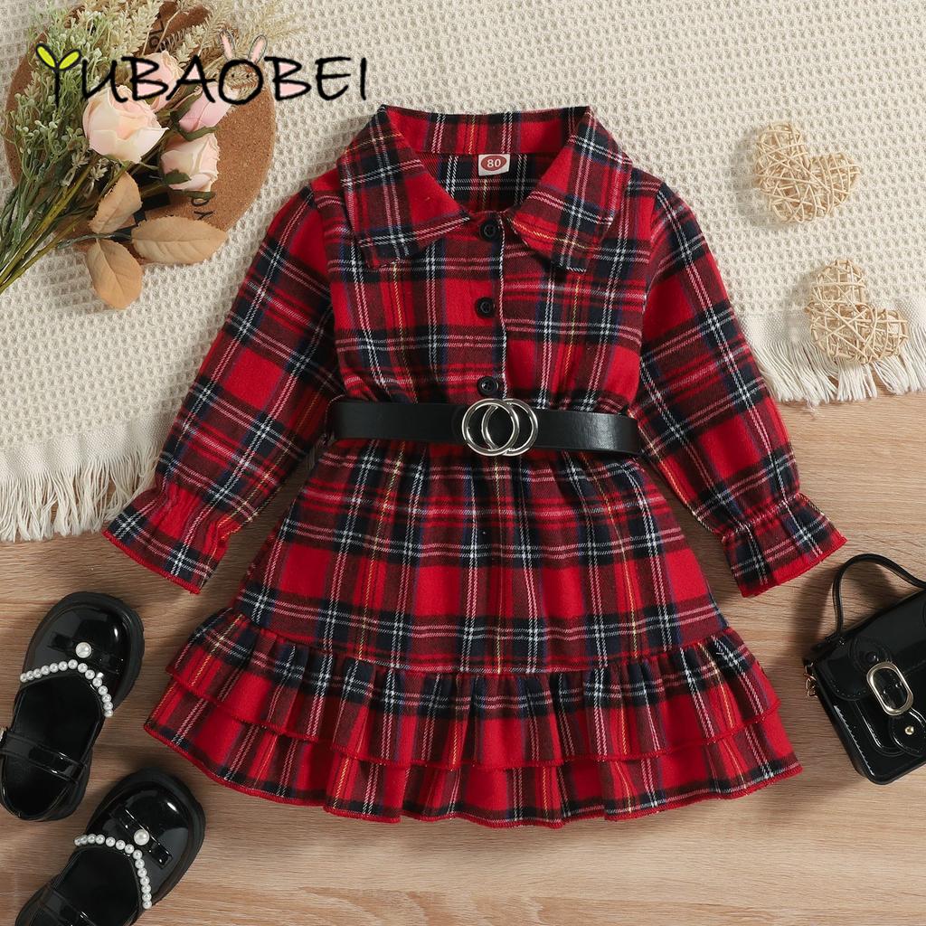 Children Clothing Girls Christmas Plaid Skirt Lapel Ruffled Long Sleeve Belt Children's Jacket Dress