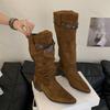 Women Fashion Boots Pointed Toe Square Heel Belt Buckle Long Boots Retro Autumn Fashion Suede Leather Botas Mujer High Quality