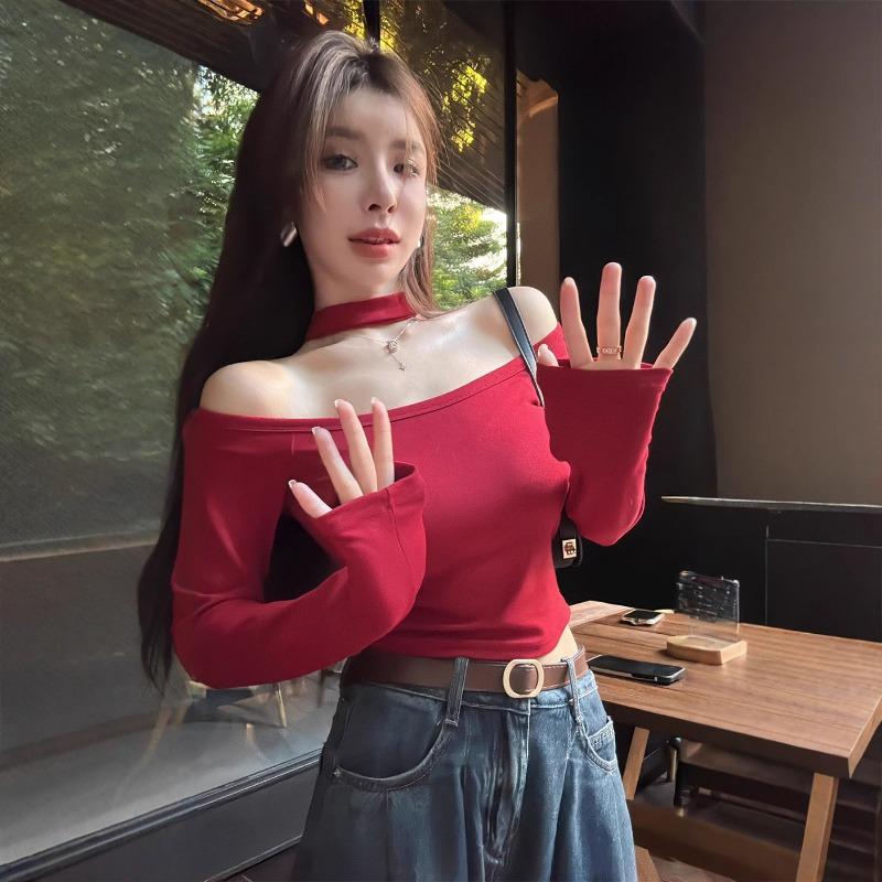 Neue Spice Girl Ein Schulter Langarm Ein Kleid Drei Tragevarianten Schlank Schlank Bequem Schlicht Einfarbig Sexy Bluse Frau