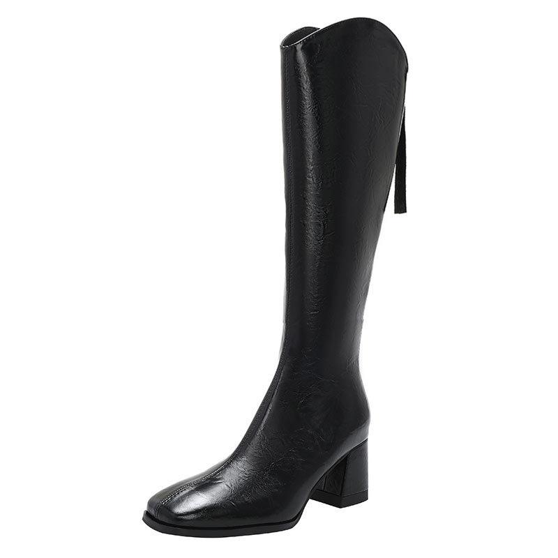 High-heeled Boots Women's 2025 New Autumn and Winter Thin But Knee Boots Thick Heel Brown V-mouth Square Head High Boots