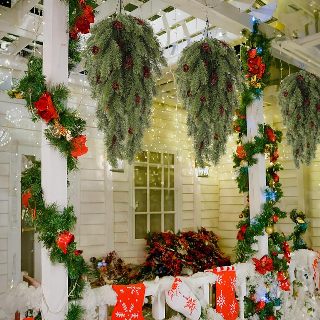 Artificial Pine Needles Hanging Vine with Plastic Faux Pine Cone Fake Plants for Christmas Party Home Indoor Outdoor Decor