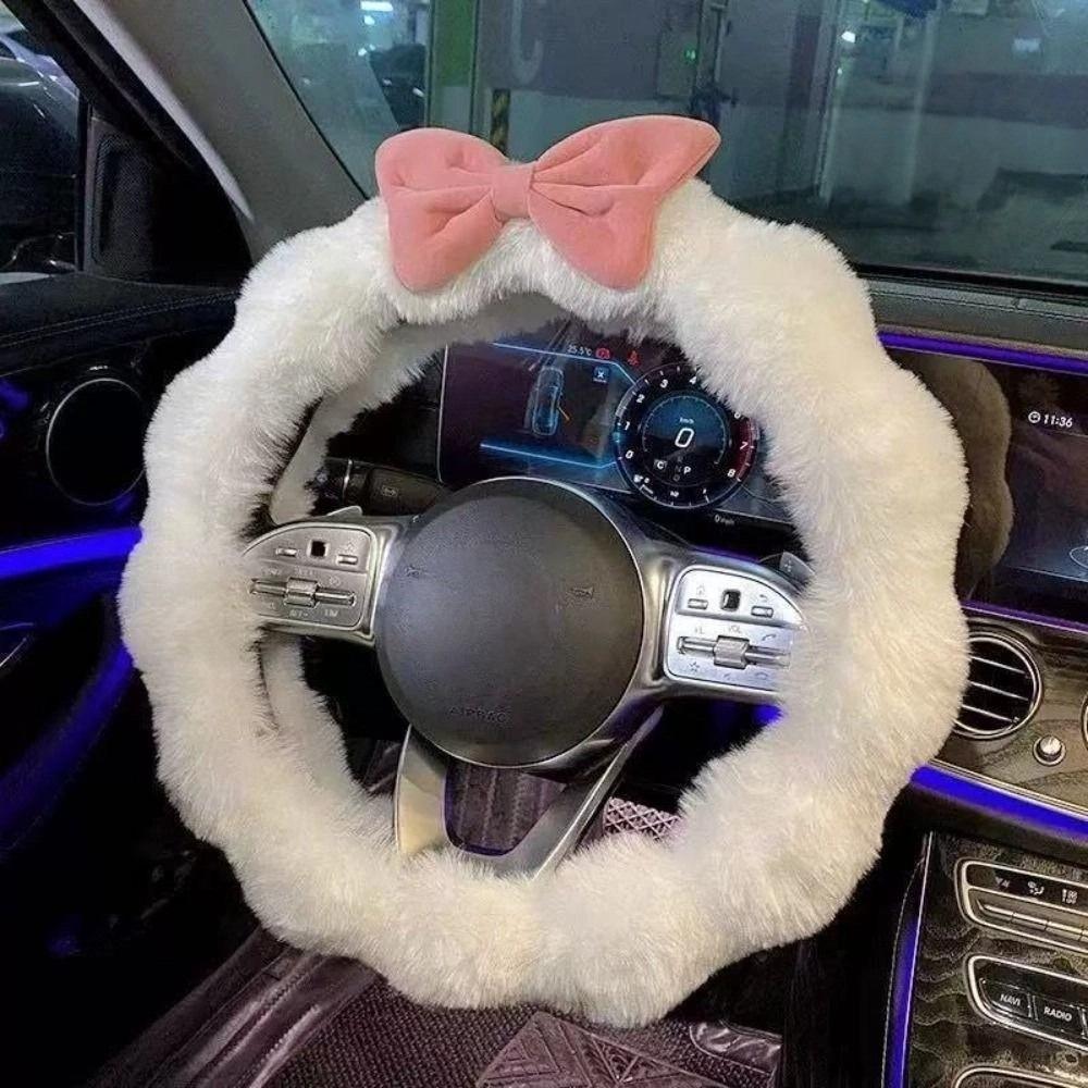 Cute Fluffy Steering Wheel Cover Bow Design Anti Slip Steer Wheel Protector Wave Shape Soft Steering Cover Girls Car Decoration