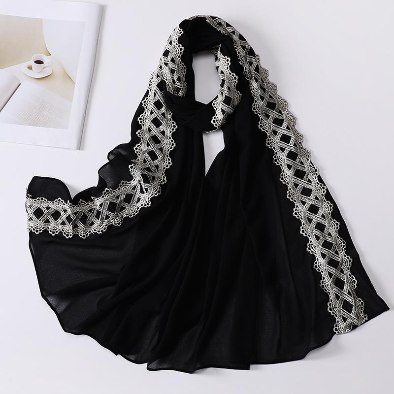 Muslim Women Chiffon Scarves with Lace Side Embroidered Chiffon Hijabs Lace Plain Hijab Patches Decoration