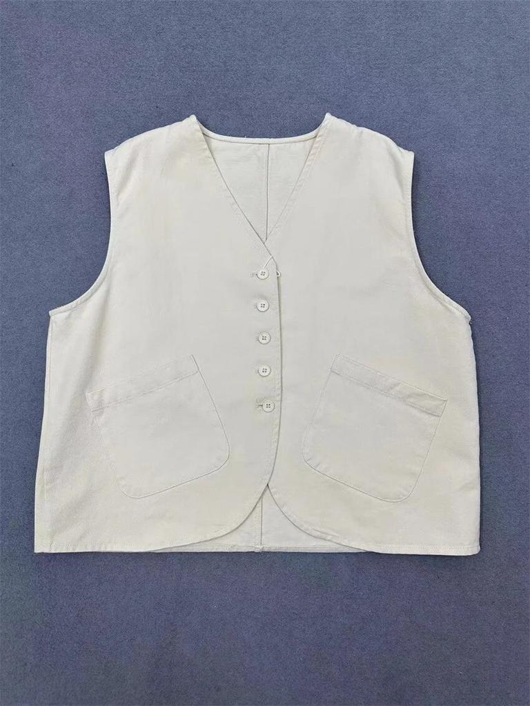 Johnature Spring Loose Vests Women Casual Workwear Sleeveless Top V-neck Cardigan Layered Cotton Coats