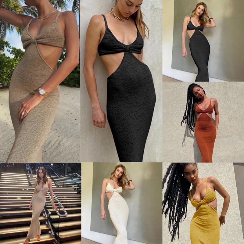 Spaghetti Maxi Dresse Strap Hollow Out Bodycon Dress Backless Cut Out Wrap Dress