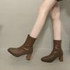 French short boots and ankle boots women's autumn and winter velvet square elastic thin boots thick heel high heel Martin boots