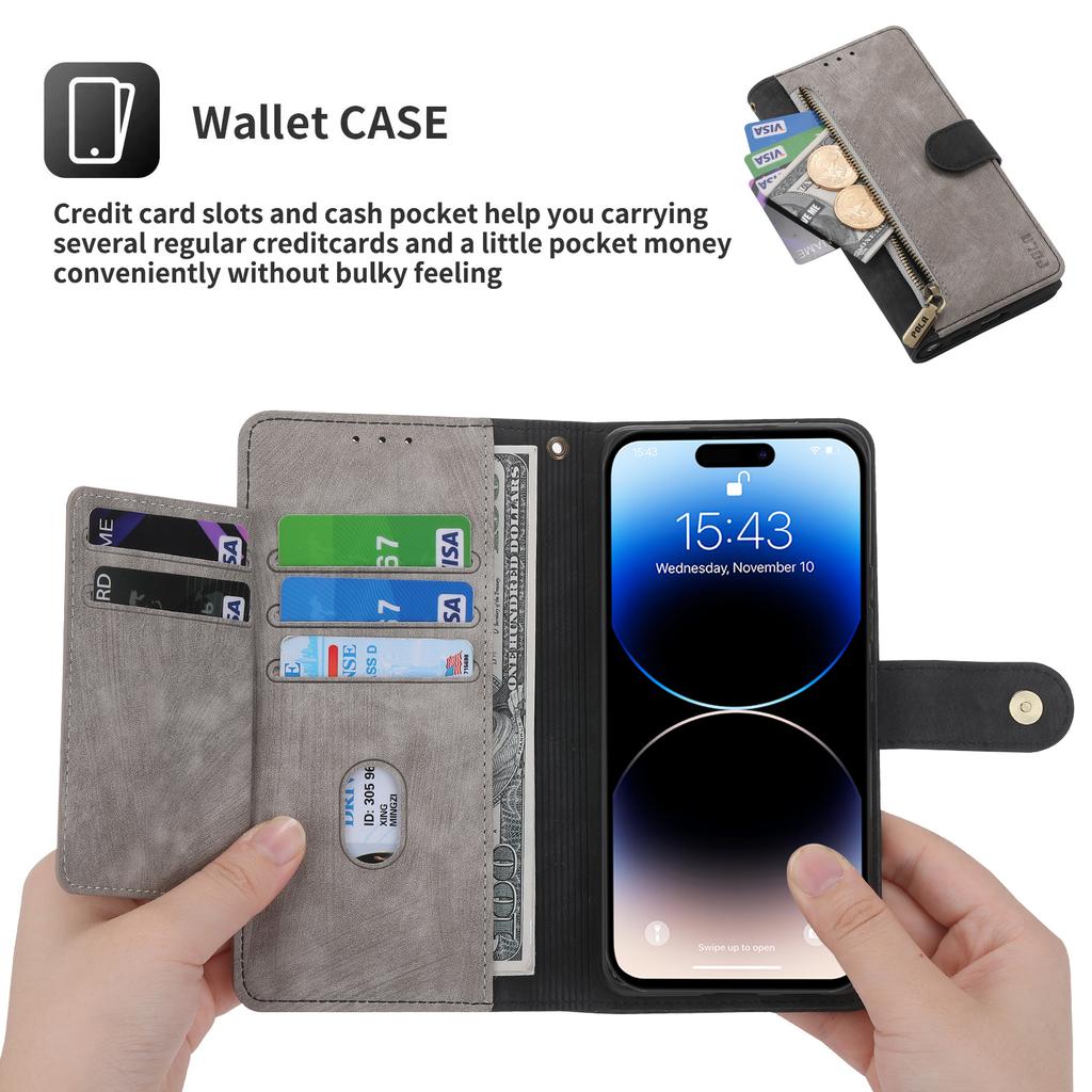 RFID Zipper Wallet Flip Leather Cards Solt Case for iPhone 14 15 16 Pro Max 13 12 11 SE 2025 X XS XR 8 7 Plus Stand Phone Cover