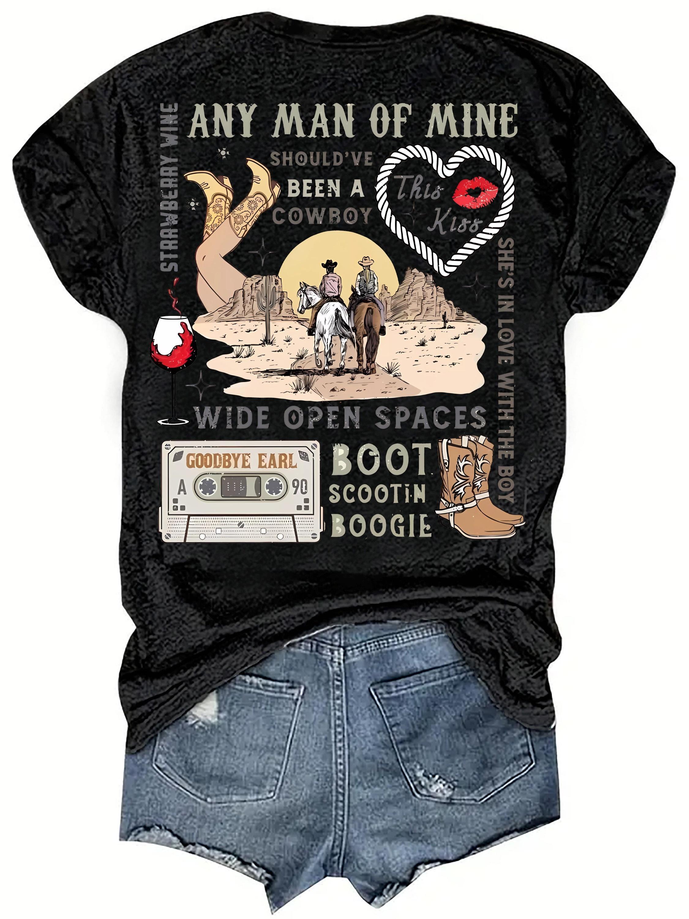 Western Country Music Women s Tee - Cowboy Retro Graphic Black Top S