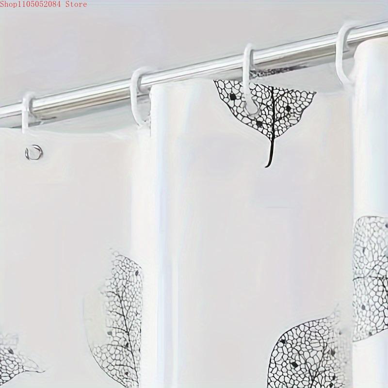 1pc stylish gray leaf pattern shower curtain quick dry - With Hooks Waterproof Mildew Proof Easy Install Washable