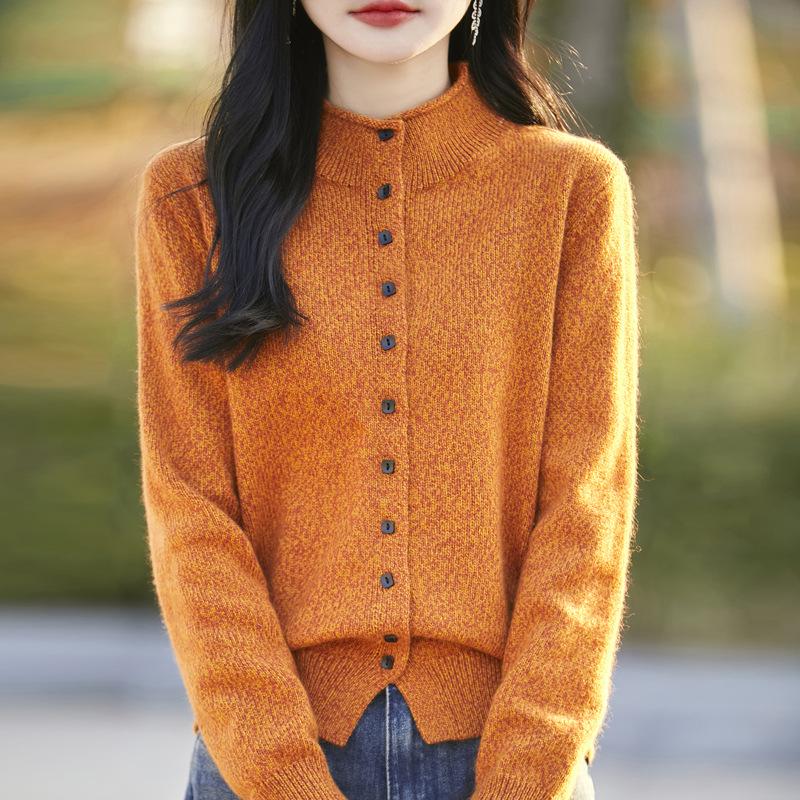 Ladies' Floral Stand Collar Worsted Wool Knit Cardigan Sweater - Autumn/Winter Fashion