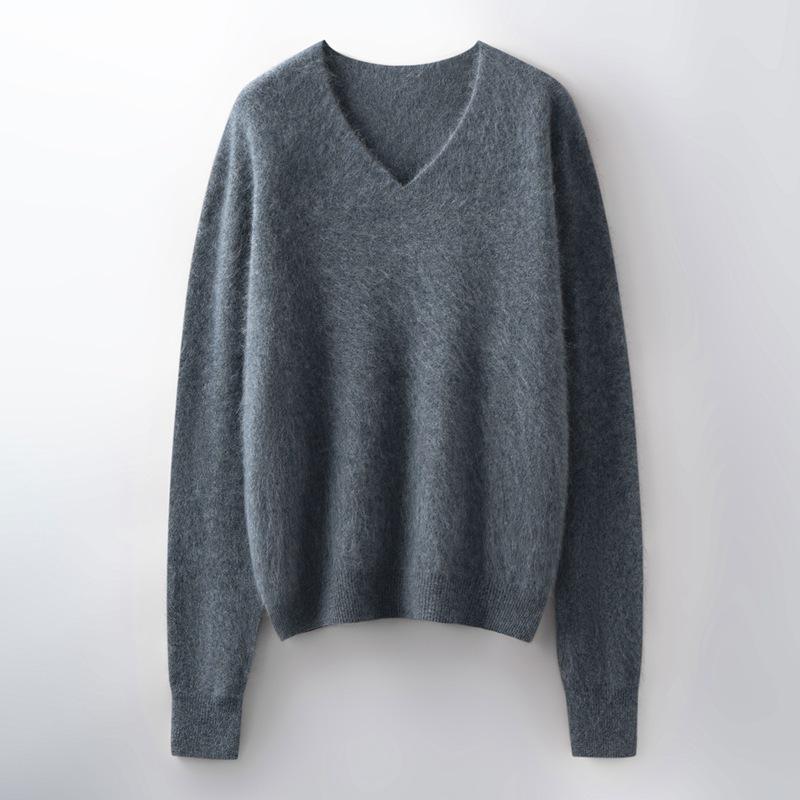 Women's Brushed Wool V-Neck Long-Sleeve Sweater: Autumn/Winter Loose Slimming Knitted Pullover Top