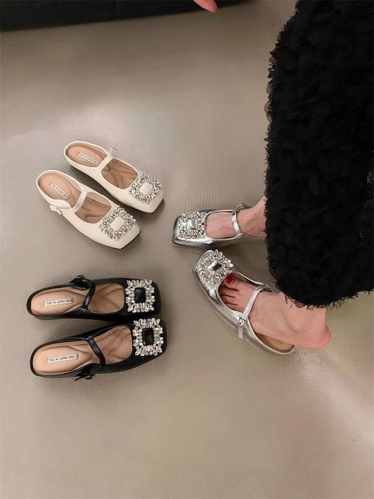 French Rhinestone Square Buckle Mary Jane Shoes One-word Buckle Thick Heel Fairy Wind Shallow Mouth Single Shoes 2025 Spring and Summer New Explosion