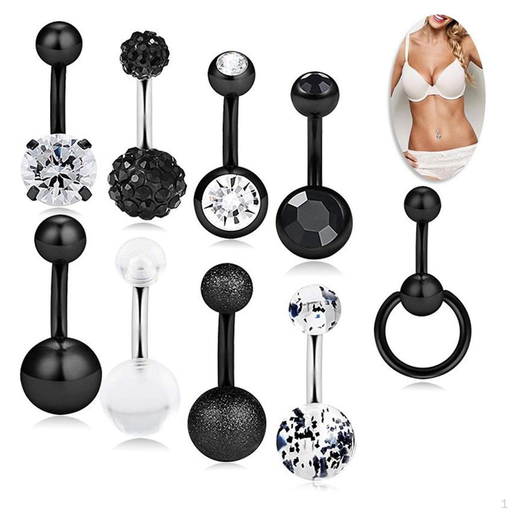 9 Pcs 14G Stainless Steel Dangle Belly Button Rings for Women Girls Navel CZ