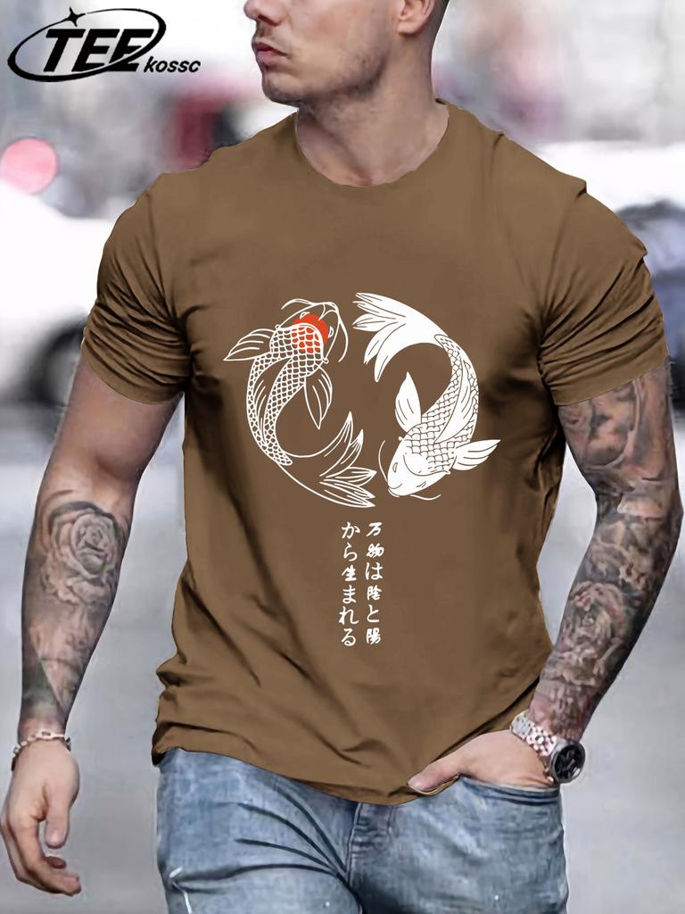 Two Koi Fish Swimming In WatertShirts Men Cotton Casual T Shirt Breathable Crewneck Short Sleeve Unisex Summer Fashion Clothing