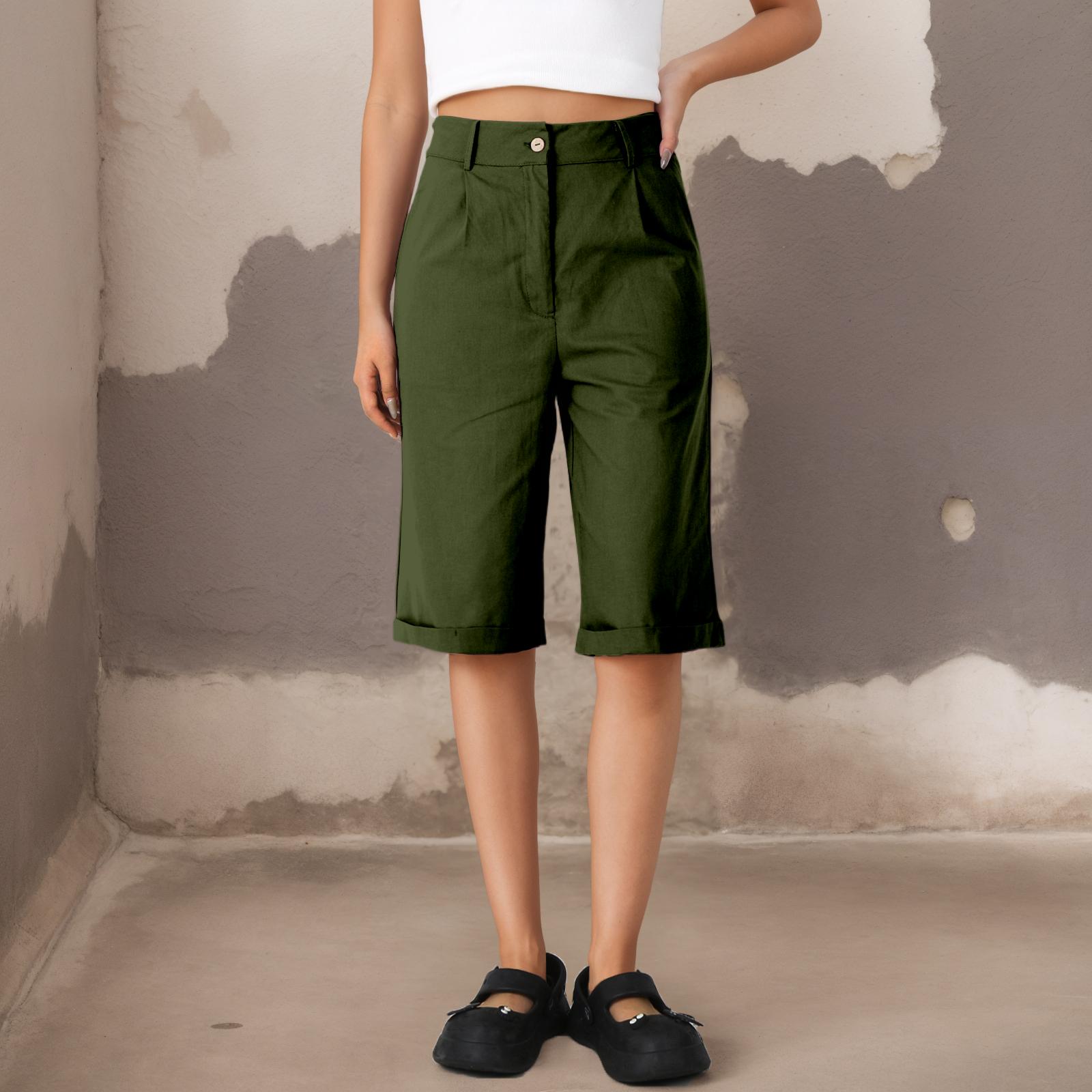 

Женские повседневные однотонные модные хлопковые и льняные шорты с прямыми штанинами M темно-зеленого