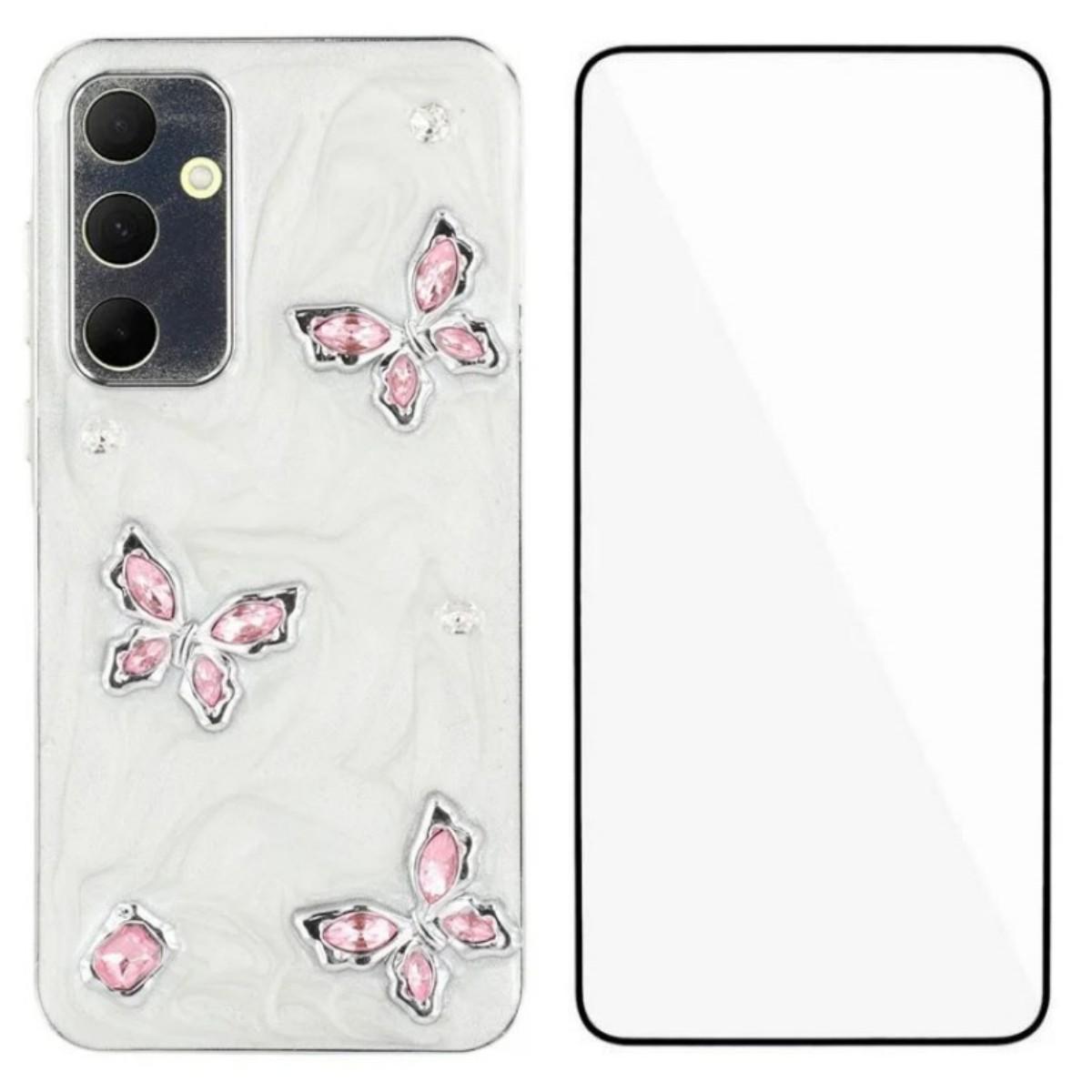 

For Samsung Galaxy A35 5G Case WANLONFENG Electroplated Epoxy TPU+Acrylic Phone Cover with Tempered Glass Pink Butterfly