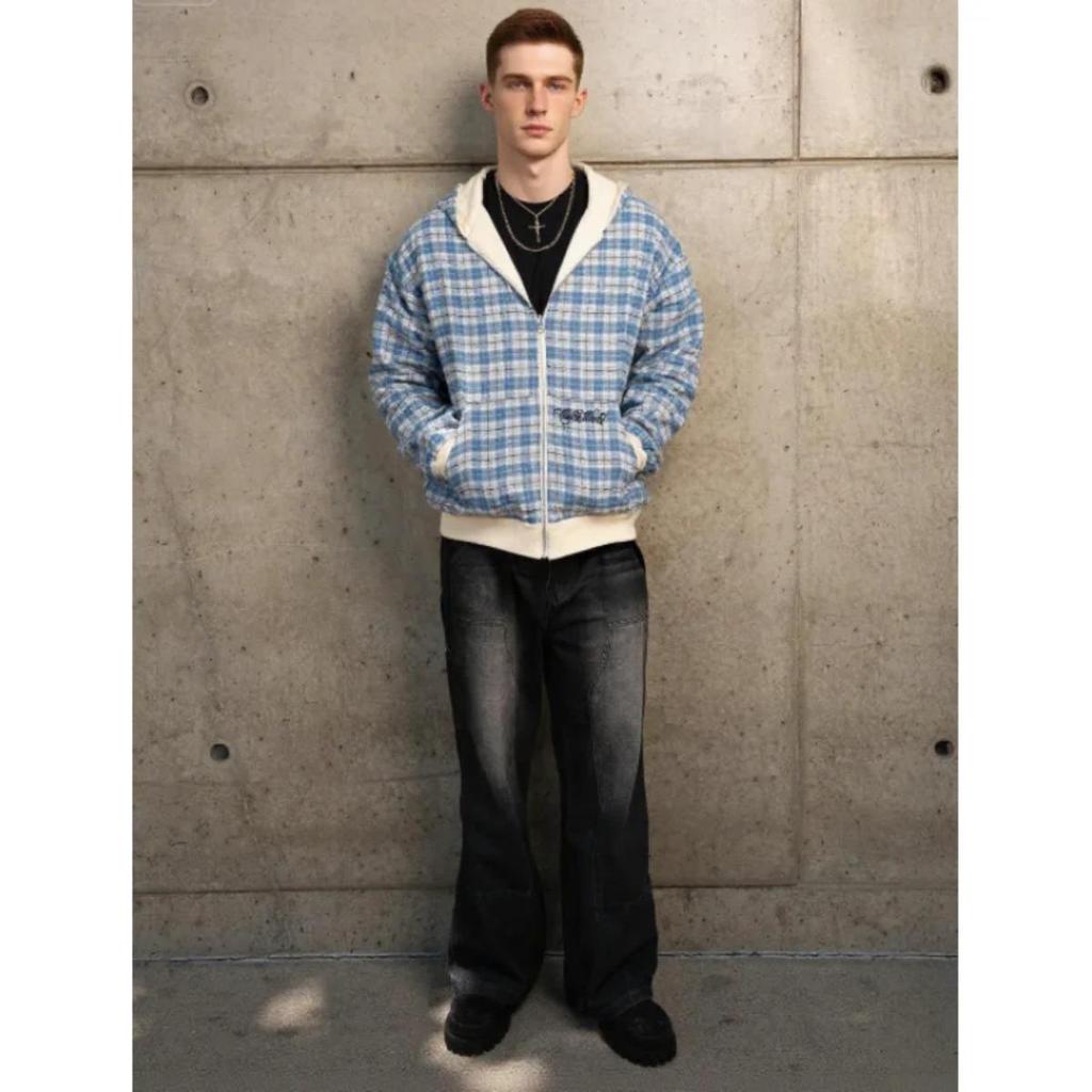 STREETRICH Autunno e Inverno Nuova Giacca con Cappuccio a Quadri, Collo Alto Retro Americano, Larga Davanti e Dietro, Workwear