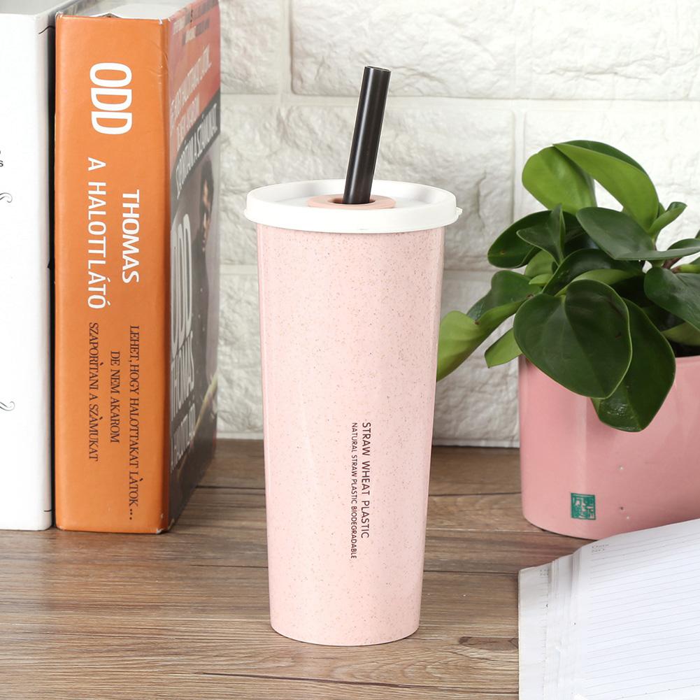 470 ml Wheat Straw Water Cup with Straw Multi Functional Double Lid   Coffee Mug Pink