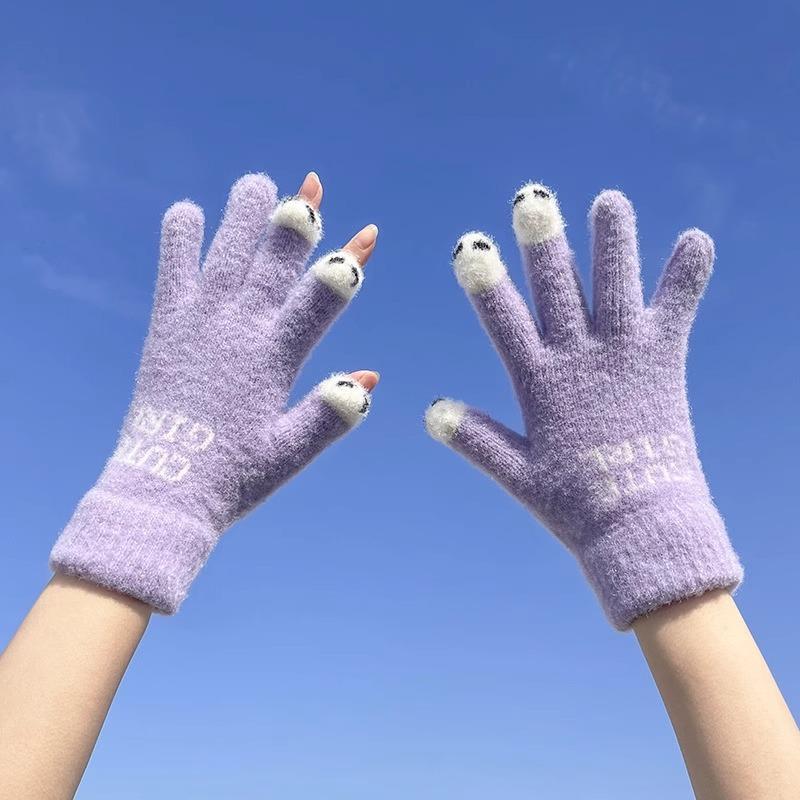 New wool knitted velvet dew finger female cute writing thickened finger playing mobile phone