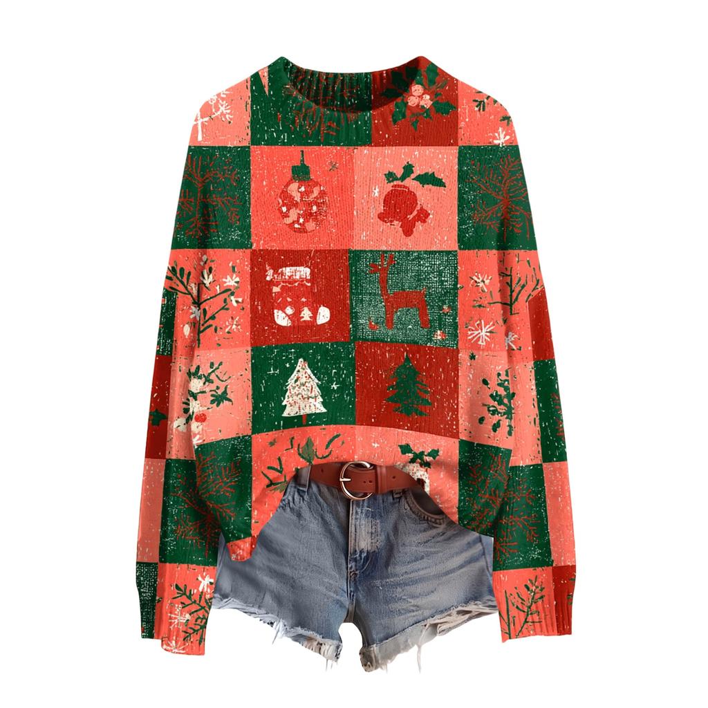 Women's Christmas Print Neck Long Sleeve Sweater Soft Casual Top for Fall Winter Holiday