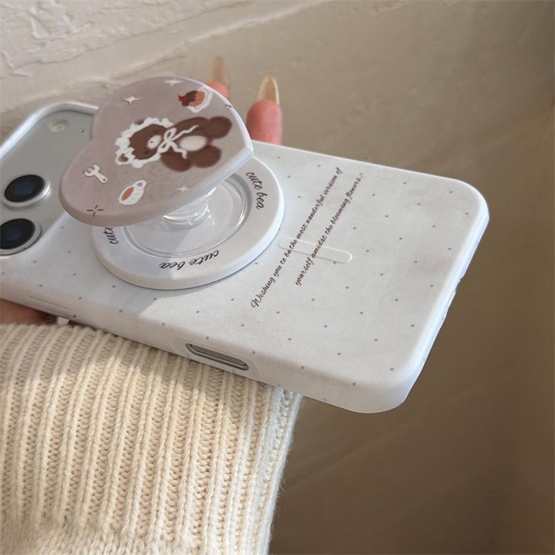 Korean Style Polka Dot Heart Bear Magnetic Stand Phone Case for iPhone 16/15 Pro Max