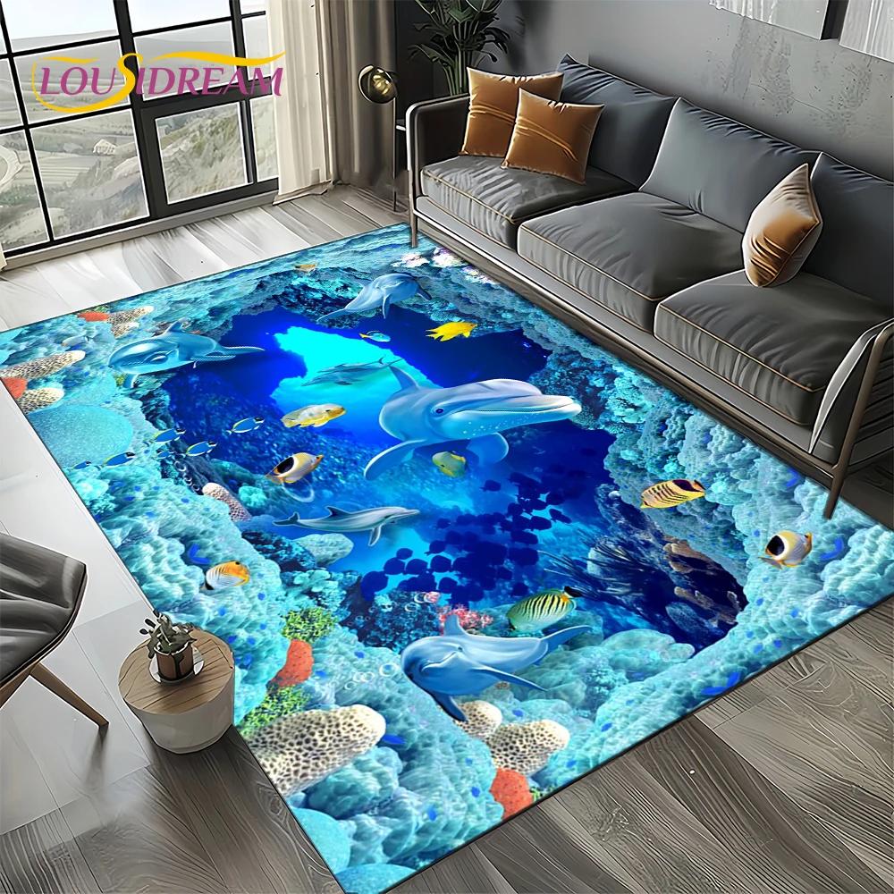 Underwater World 3D Illusion Seabed Cartoon Shark Dolphin Carpet Rug for Living Room Bedroom Home Sofa Decoration,Floor Mat Kid