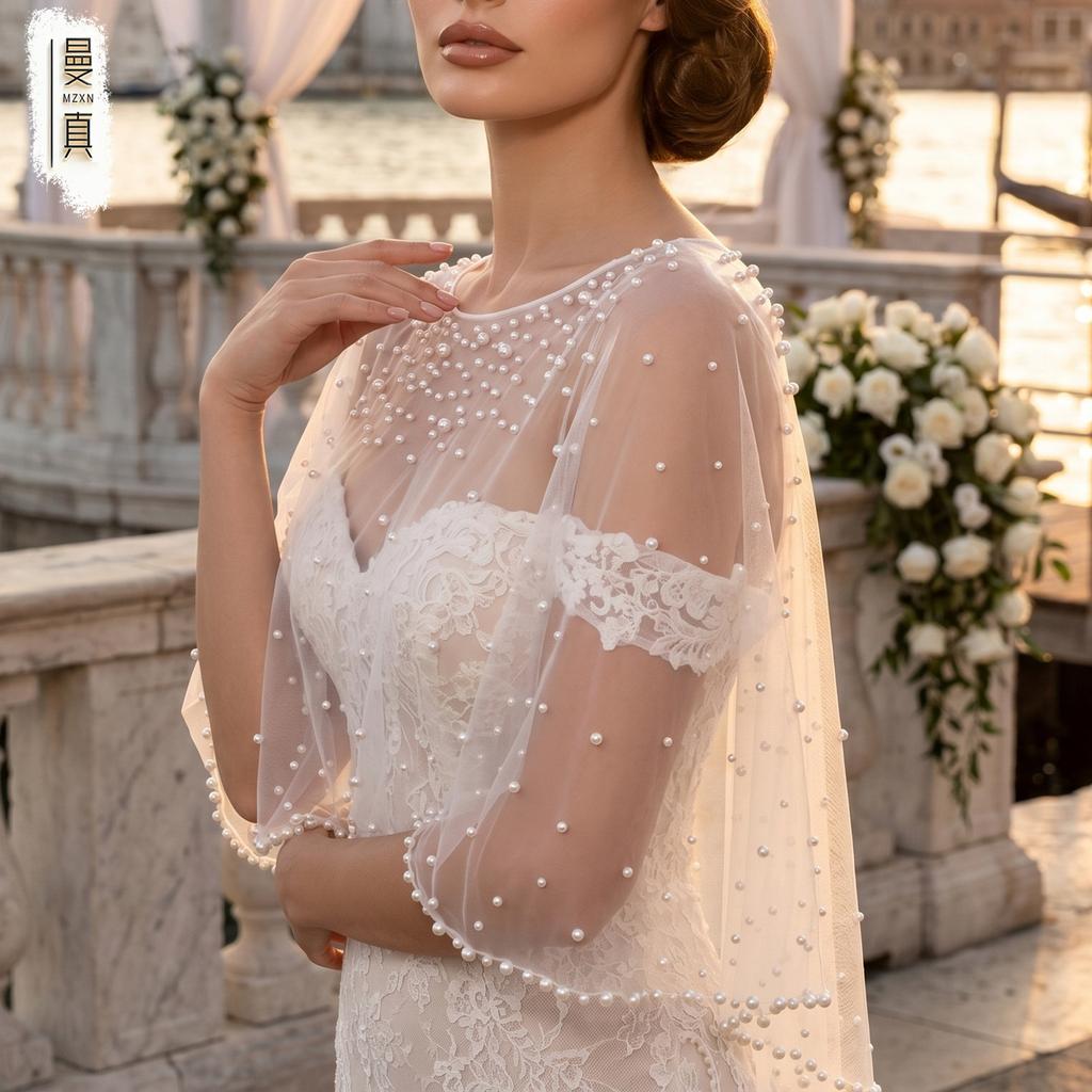Scattered Mixed Pearl Sheer Tulle Bridal Cape Short Shoulder Wrap Round Neck Cover Up For Backless Mermaid Wedding Gown Elopement Photoshoot