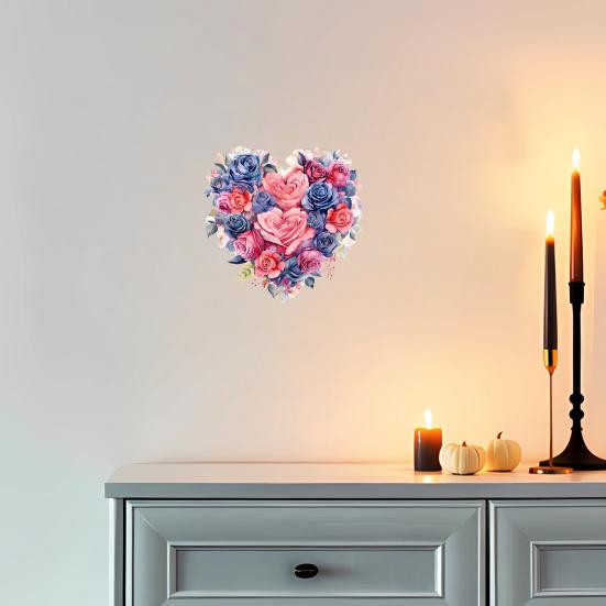 Watercolor Rose Heart Wall Stickers, Peel And Stick Pink Blue Floral Decals, Removable Waterproof PVC Flower Stickers for Bedroom Living Room