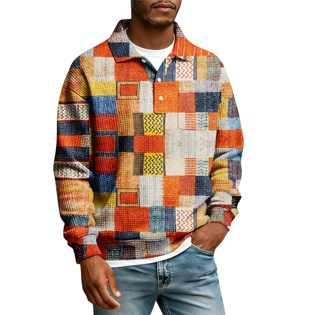 Men's Lapel Printed Single Breasted Pocket Long Sleeve Casual Sports T-Shirt