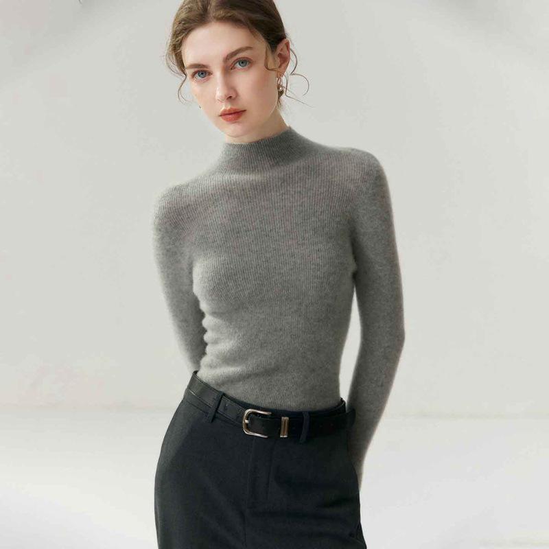 Women's Pure Cashmere Slim-Fit Sweater, Half-High Neck, Knit Base Layer, Autumn/Winter Collection