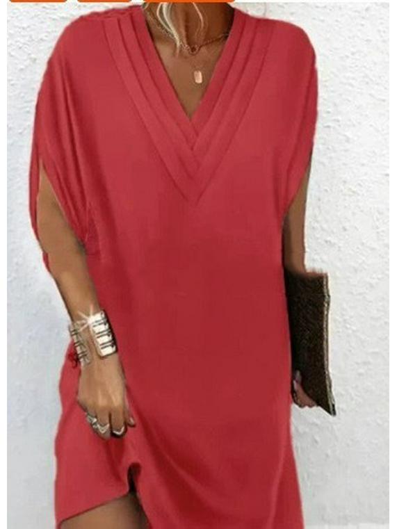 2024 V-Neck Pleated Bat Sleeve Dress for Women - Spring/Summer Collection