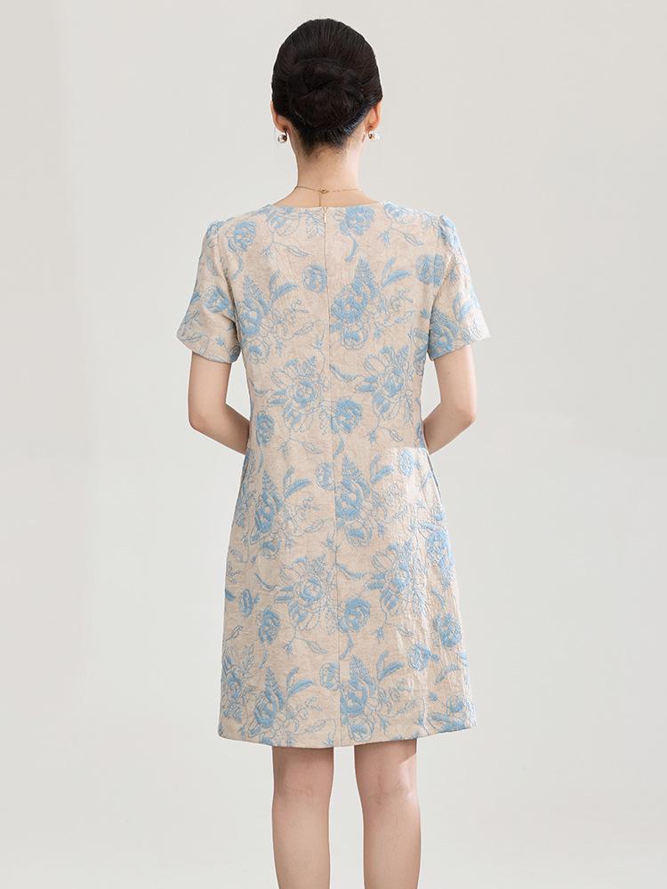 Nanyou Elegant Embroidered Jacquard Linen A-line Dress with Waist-cinching Short Sleeves for Spring/Summer Style