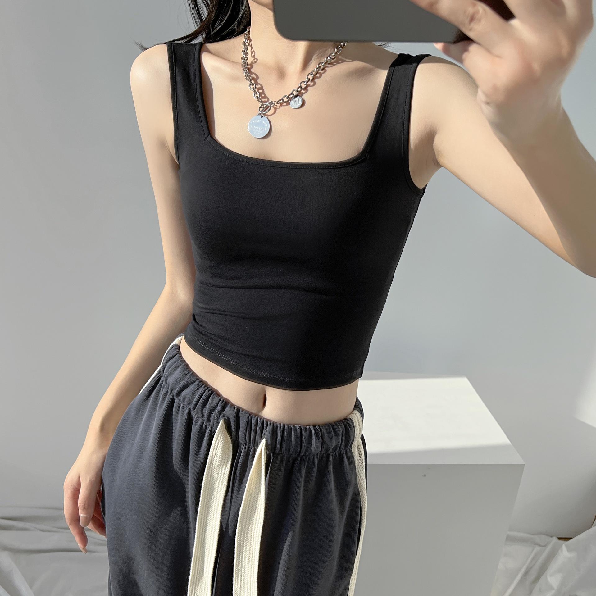 

Женский белый хлопковый кроп-топ с квадратным вырезом - Лето 2025, Слой, стройнящий талию XXL (125-136 lbs recommended) чёрный