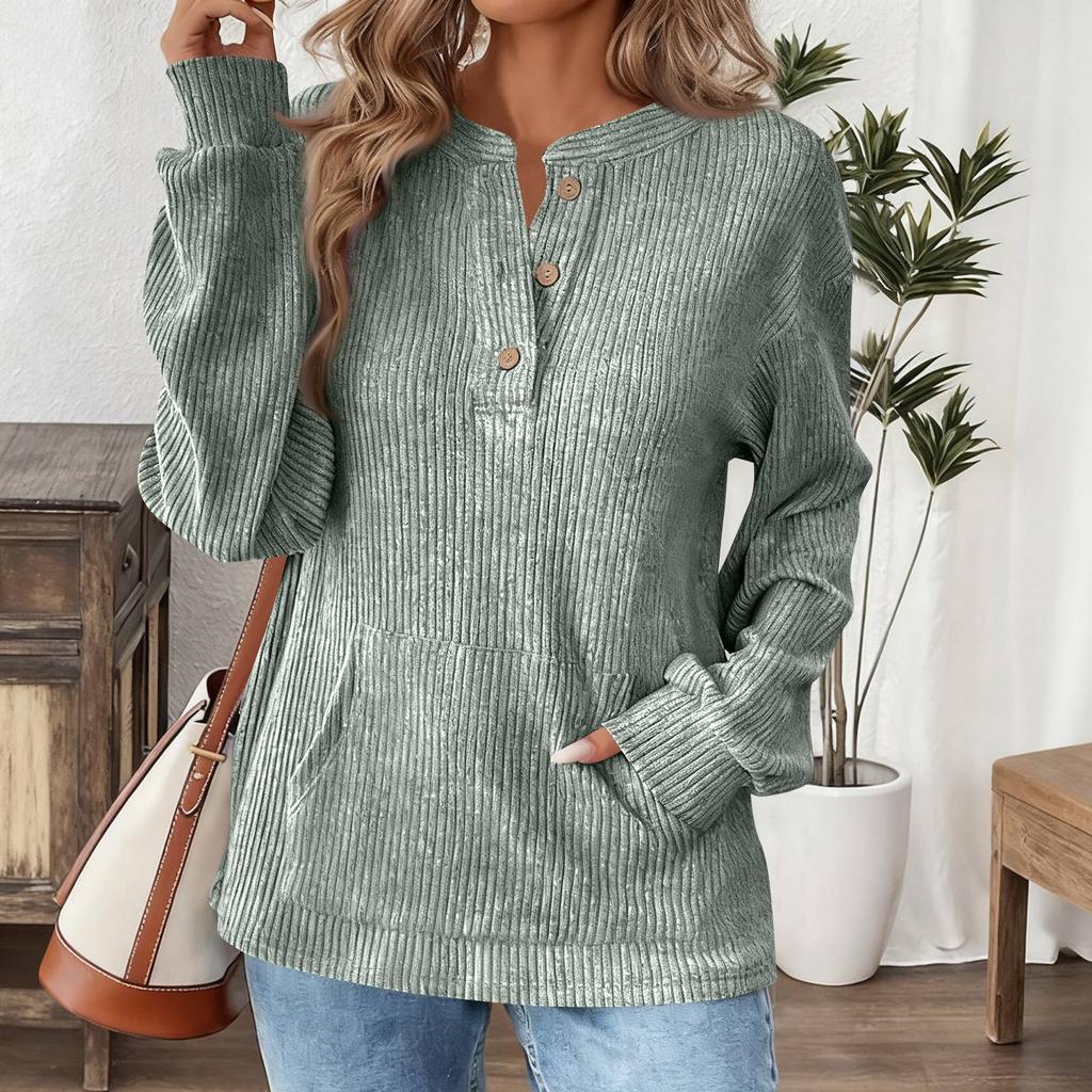 Women's Fashionable Solid Color Round Neck Button Pocket Loose Long Sleeved Pullover Top