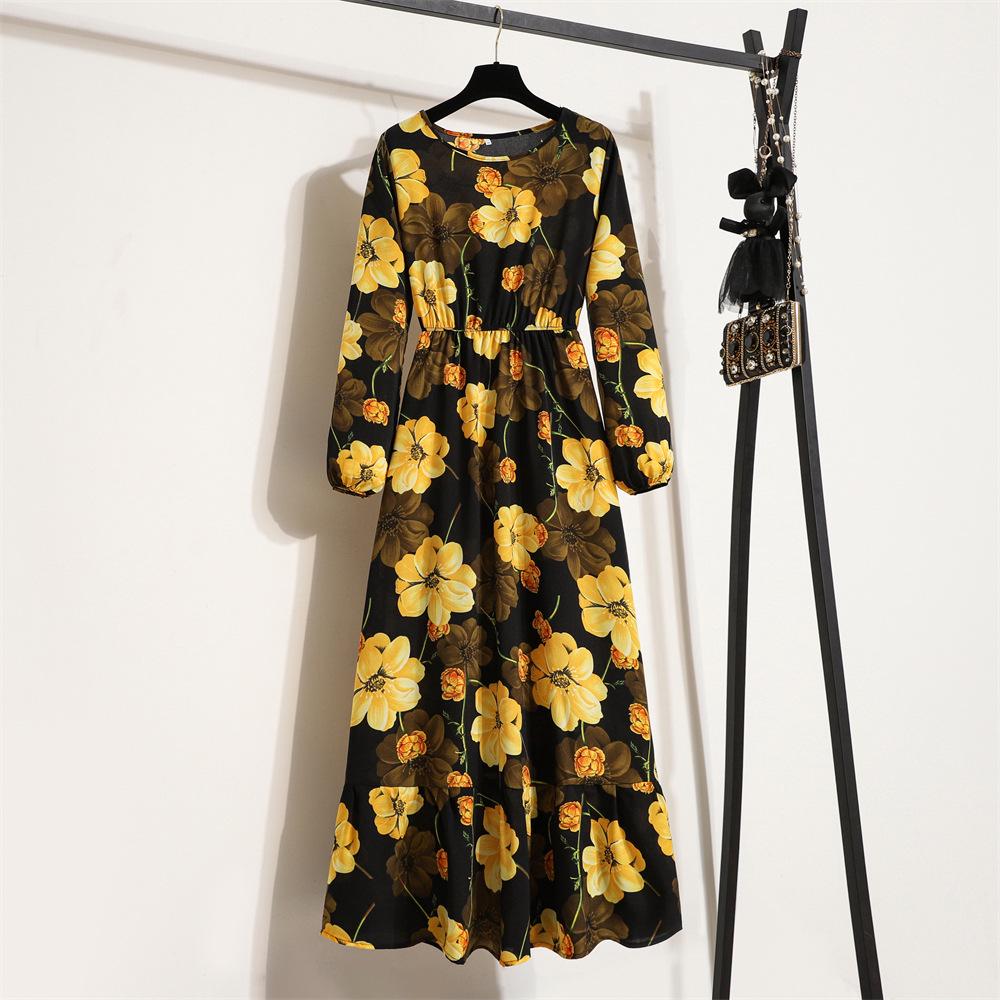 2022 European & American Floral A-Line Dress - Spring, Long Sleeve, Round Neck, Slim Fit