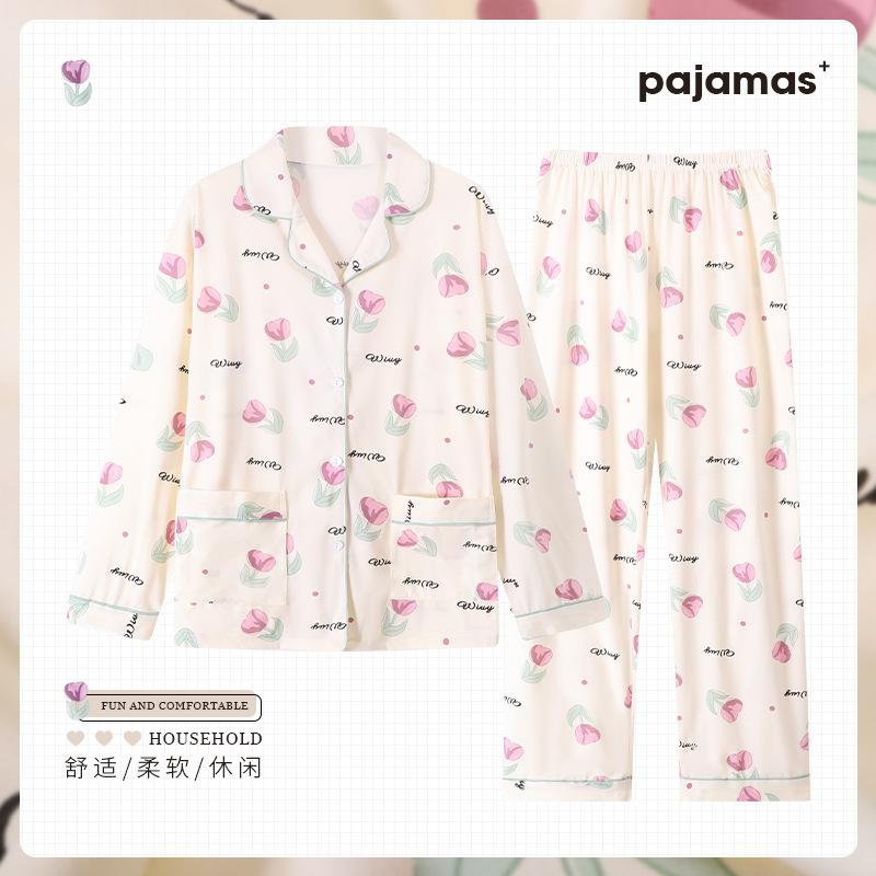 Spring and Autumn New Floral Double Pocket Imitation Cotton Pajamas Loose Large Size Mother Loungewear Long Sleeves Trousers Set
