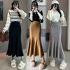 Black Knit High Waist Midi Skirt for Pear Shape Women, Plus Size A-Line Fishtail, Autumn/Winter.