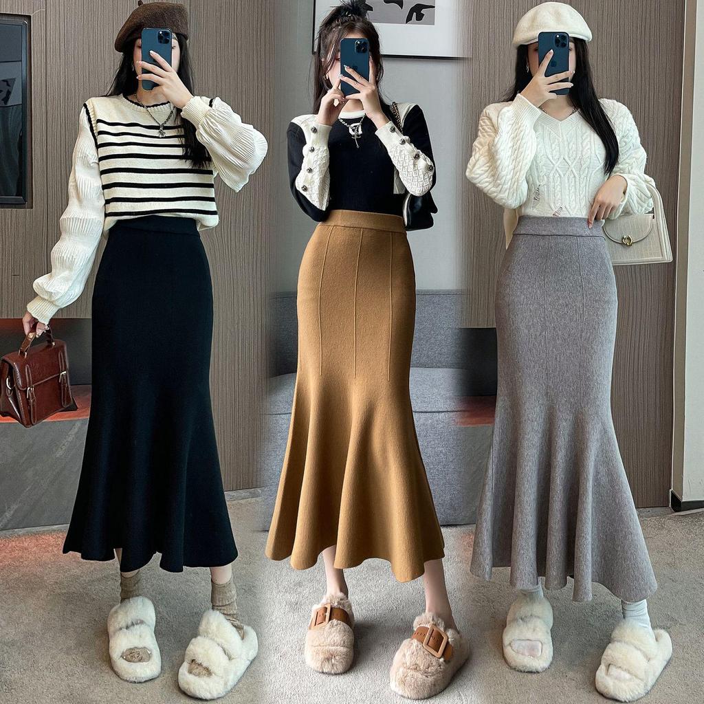 Black Knit High Waist Midi Skirt for Pear Shape Women, Plus Size A-Line Fishtail, Autumn/Winter.